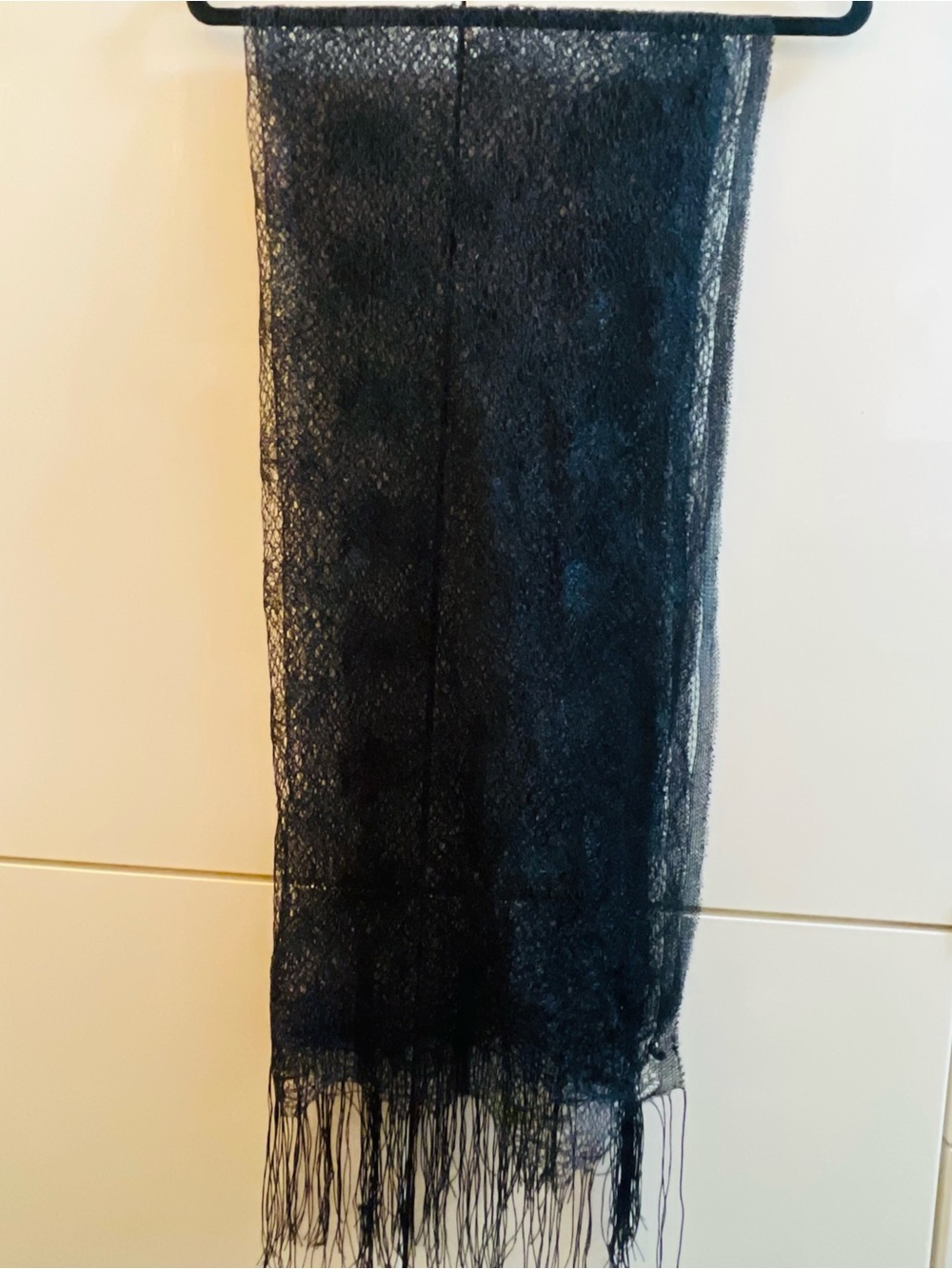 VTG Delicate Black Lace Fringe Scarf SHAWL 26โx60โ